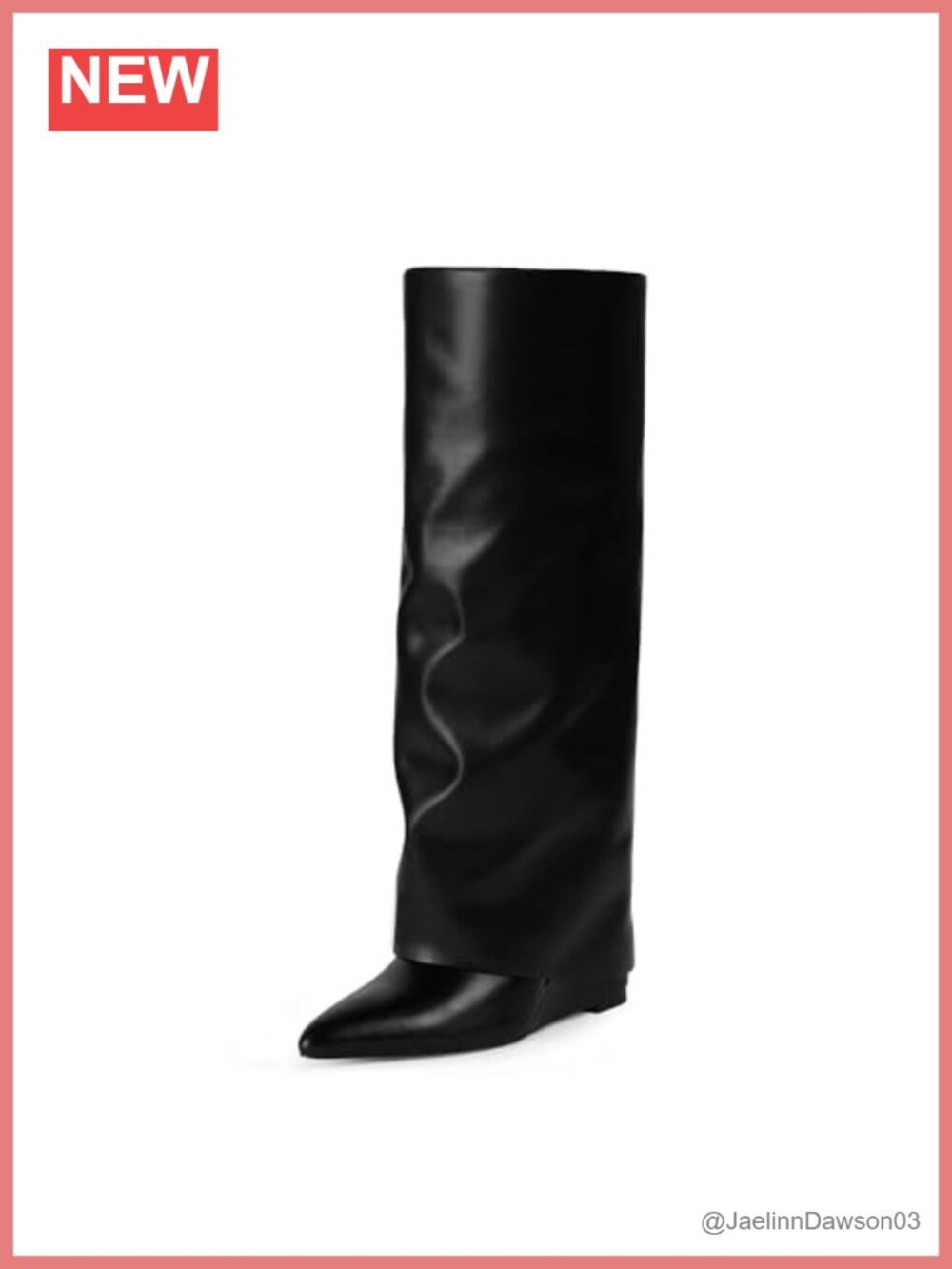 Fold Over Wide Calf Knee High Boots for Women Wedge Heel Pointed Toe Zip PU